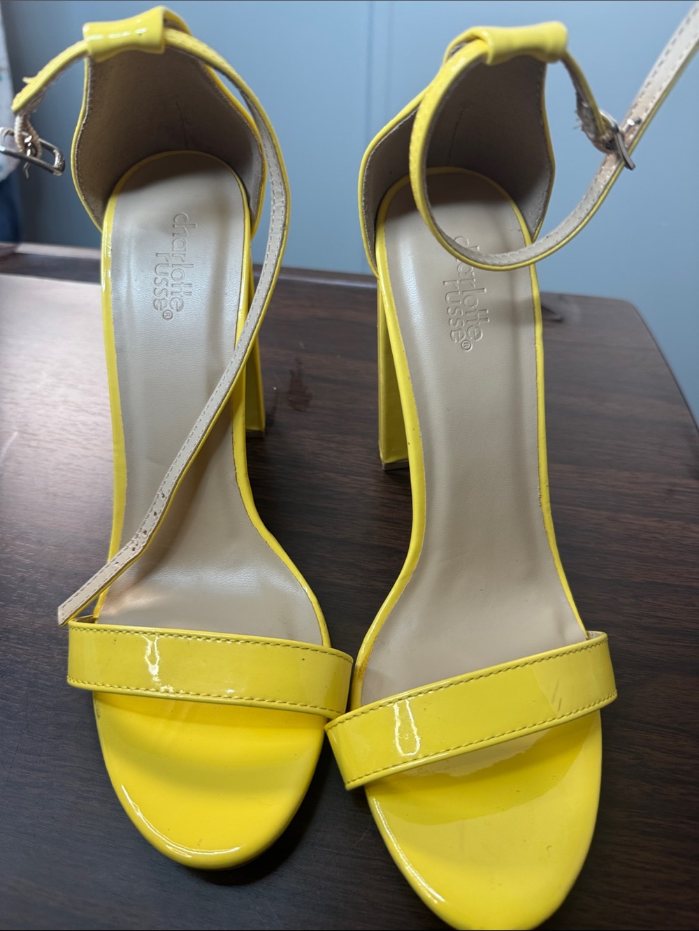 Charlotte Russe Bright Yellow Patent Ankle-Strap Block Heels